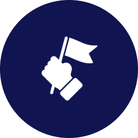 Hand holding flag icon on blue background.
