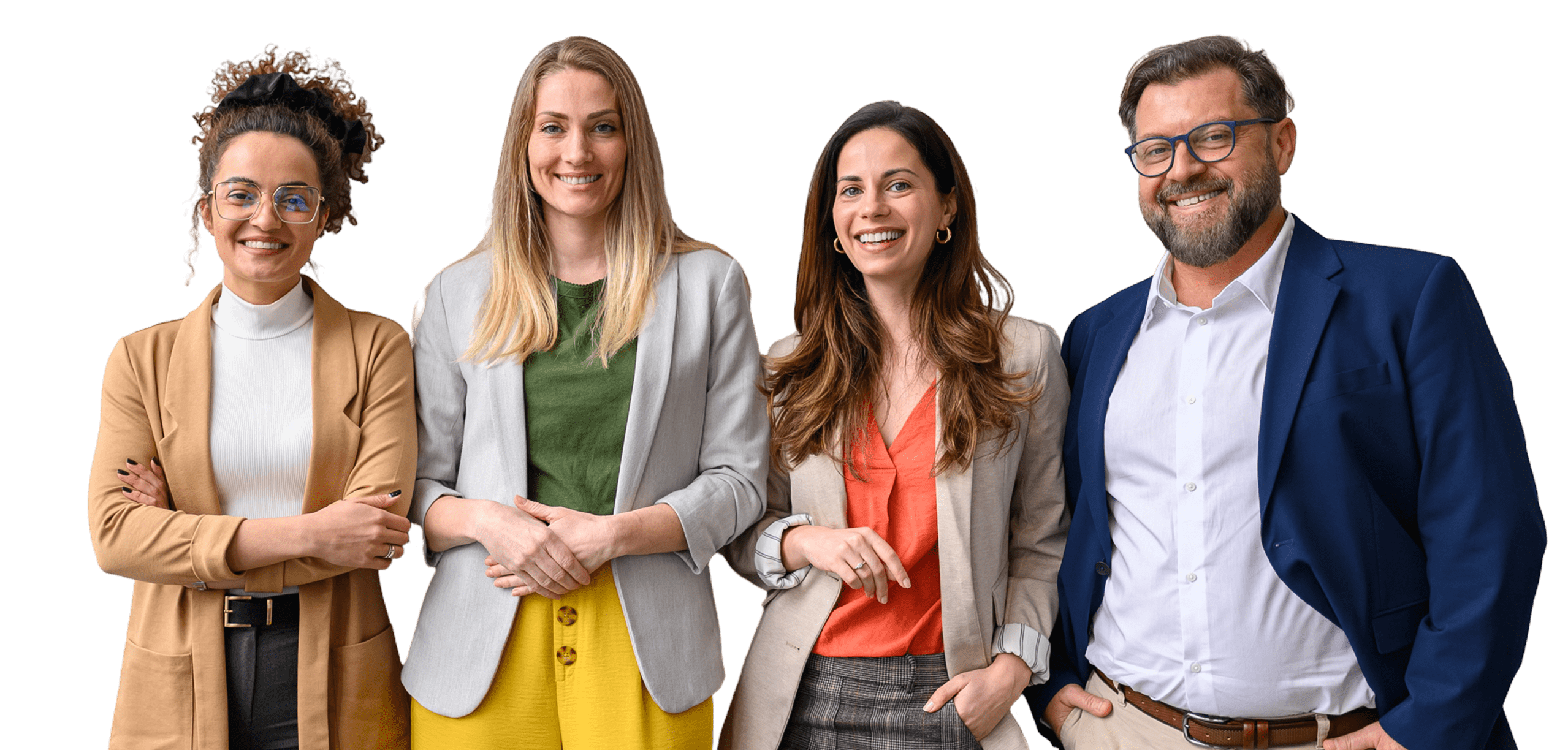 Four smiling business professionals on black background